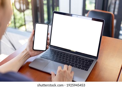 Computer Screen,cell Phone Blank Mockup.hand Woman Work Using Laptop Texting Mobile.white Background For Advertising,contact Business Search Information On Desk In Cafe.marketing,design