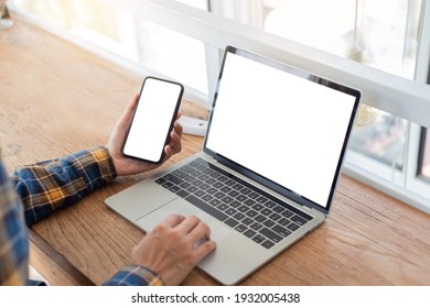 Computer Screen,cell Phone Blank Mockup.hand Woman Work Using Laptop Texting Mobile.white Background For Advertising,contact Business Search Information On Desk In Cafe.marketing,design