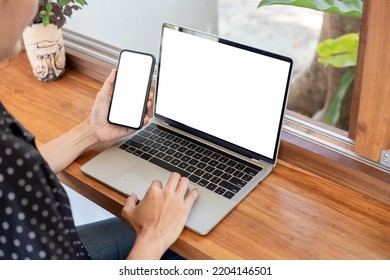 Computer Screen,cell Phone Blank Mockup.hand Woman Work Using Laptop Texting Mobile.white Background For Advertising,contact Business Search Information On Desk In Cafe.marketing,design