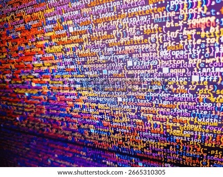 Computer script coding source code on desktop monitor. Lines of Html code visible. Coding programmer abstract background. Computer program, software background