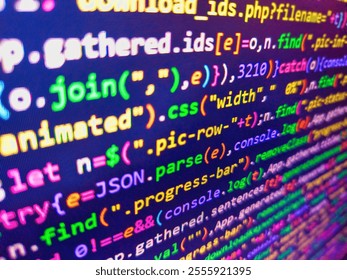 Computer script. Data encryption security code on a computer display. Software development pattern. Programming code on monitor screen. Color coding on screen. Technology display. Binary code. - Powered by Shutterstock - Get 15% off with code: PIKWIZARD15
