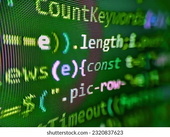 Computer Script. Digital binary data on computer screen. HTML code on computer screen isolated on background. . Developing programm