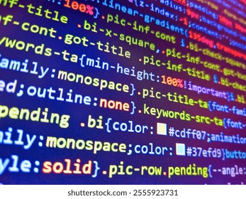 Computer script. Flight information display screen board. Programming code on monitor screen. Developer work. Data encryption security code on a computer display. Web dewelopment. Binary code.