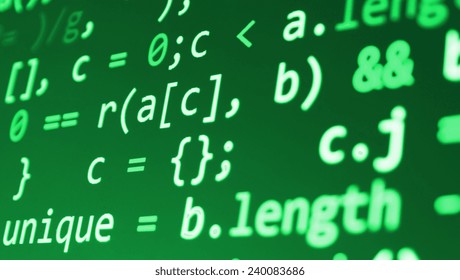 Computer script. Programming code abstract screen of software developer. Digital abstract bits data stream, cyber pattern digital background. Selective focus effect. Green color. 