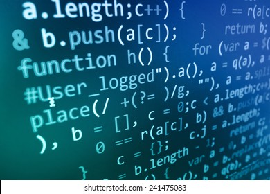 Computer script. Programming code abstract screen of software developer. Digital abstract bits data stream, cyber pattern digital background. Selective focus effect. Blue green  color.  - Shutterstock ID 241475083