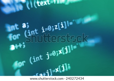 Computer script. Programming code abstract screen of software developer. Digital abstract bits data stream, cyber pattern digital background. Selective focus effect. Blue color. 