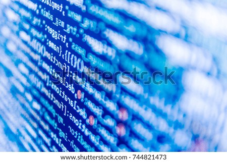 Computer script typing work.  Computer program preview. Software engineer at work. Modern web network and internet telecommunication technology. Software abstract background. 
