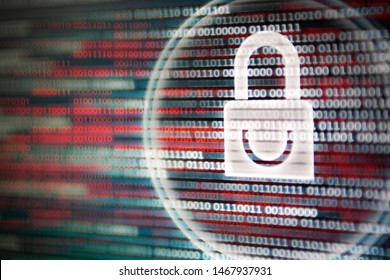 computer security breaches. white padlock icon over lay with layers of red virus binary code interwoven in the background. cyber warfare and hacker slipping in the computer data system.