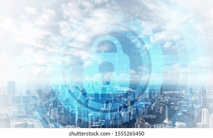 Computer security concept and information technology. Risk management and professional safeguarding. Virtual padlock hologram on background of city skyline. Innovative security solution for business.