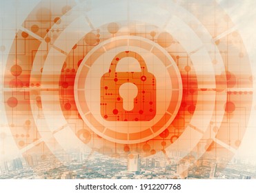 Computer security concept and information technology. Risk management and professional safeguarding. Virtual padlock hologram on background of city skyline. Innovative security solution for business.