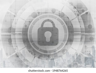 Computer security concept and information technology. Risk management and professional safeguarding. Virtual padlock hologram on background of city skyline. Innovative security solution for business.