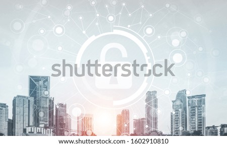 Computer security concept and information technology. Risk management and professional safeguarding. Virtual padlock hologram on background of city skyline. Innovative security solution for business.