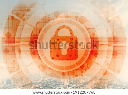 Computer security concept and information technology. Risk management and professional safeguarding. Virtual padlock hologram on background of city skyline. Innovative security solution for business.