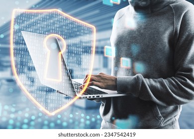 Computer security, digital crime and data protection concept with digital shield symbol on faceless person using modern laptop background, double exposure