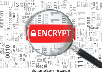 Computer Security And Encryption Concept. Encrypt Word Inside Magnifying Glass In Binary Code.