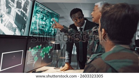 Computer, security and people on screen for army surveillance, global investigation and protection. Satellite, law enforcement and men and women on monitor for inspection, safety and military search