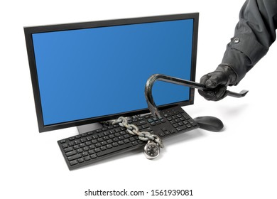 Computer Security - A Sinister Looking Hacker Using A Crowbar To Access A Locked Computer