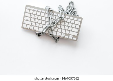 Computer Security System With Keyboard And Chain On White Background Top View Mock Up