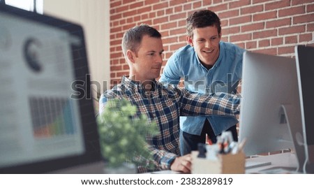 Computer, SEO questions or manager helping reading or coaching a worker in startup or group project. Leadership, faq or employee asking, talking or speaking to a man in a digital marketing agency