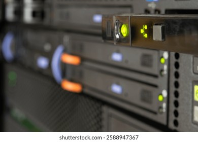 Computer server mainframe and harddisk drive raid storage with LED in computer server data-center for cloud service and hosting information infrastructure