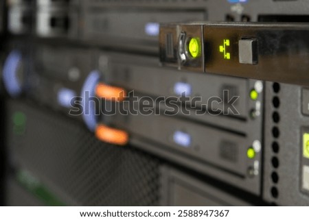 Computer server mainframe and harddisk drive raid storage with LED in computer server data-center for cloud service and hosting information infrastructure