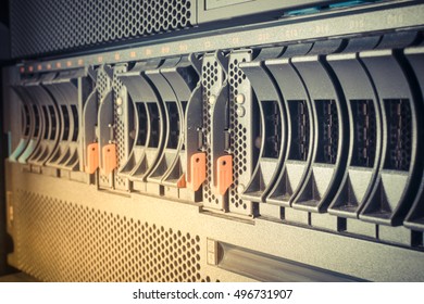 Computer Server Mainframe And Raid Storage In Datacenter , Process In Vintage Style