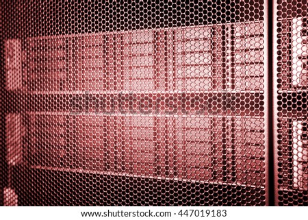 computer server in rack with blue light close up