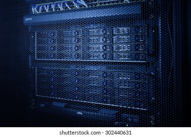 Computer Server in rack server close-up with blue light