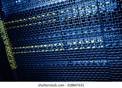 Computer Server in rack server close-up with blue light