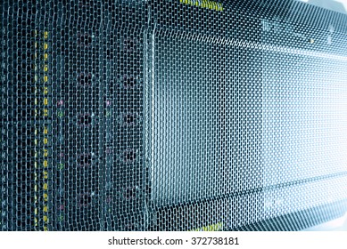 Computer Server in rack server close-up with blue light