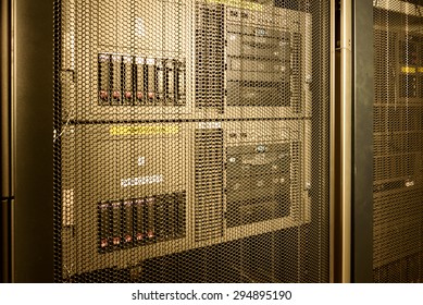Computer Server in rack server close-up with gold light