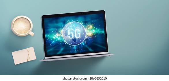 computer showing a cloud with a world map and message 5G floating in front an abstract grid pattern
