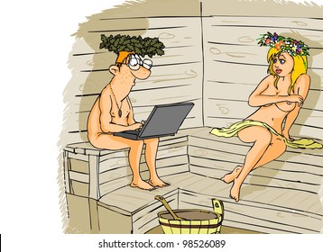 Computer Sits In The Sauna With A Laptop And Do Not Pay Attention To The Naked Girl