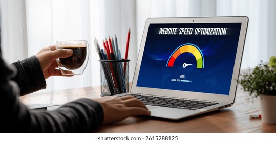 Computer software evaluating website loading speed. Concept of improving website loading speed snugly.