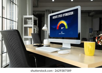 Computer software evaluating website loading speed. Concept of improving website loading speed snugly.