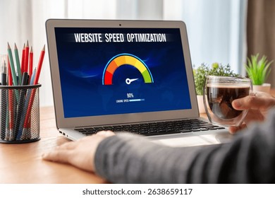 Computer software evaluating website loading speed. Concept of improving website loading speed snugly.