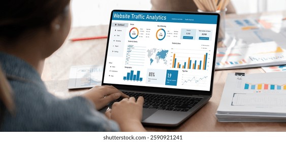 Computer software for website traffic analytics data on computer screen. Concept of SEO search engine optimization and customer targeting for online business brisk