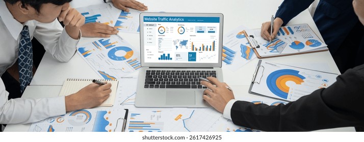Computer software for website traffic analytics data on computer screen. Concept of SEO search engine optimization and customer targeting for online business brisk