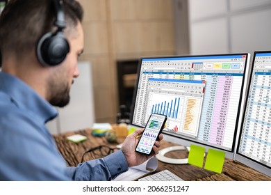 Computer Spreadsheet Data Analyst Man Using Multiple Screens