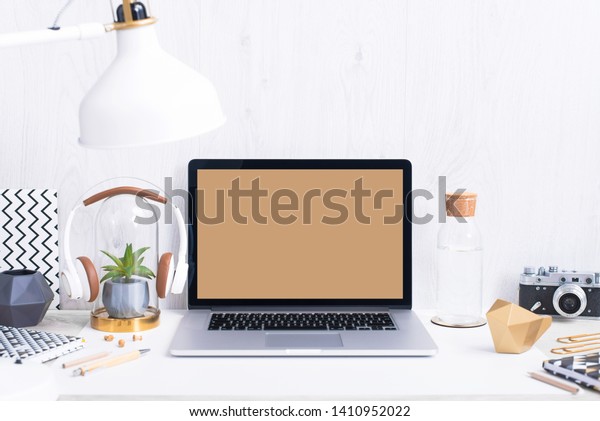 Computer Staying On Table Showing Screen Stock Photo Edit Now