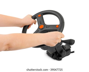 Computer steering wheel and hands isolated on white background