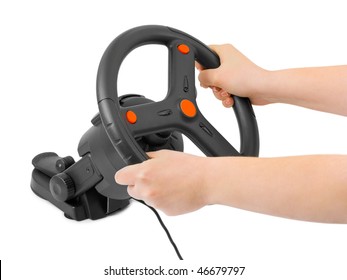 Computer steering wheel and hands isolated on white background