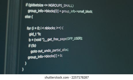 Computer of system engineer showing source code and big data in it development agency. Concept of software developer displaying programming language of database functions script. Close up.