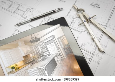 Computer Tablet Showing Kitchen Illustration Sitting On House Plans With Pencil and Compass.