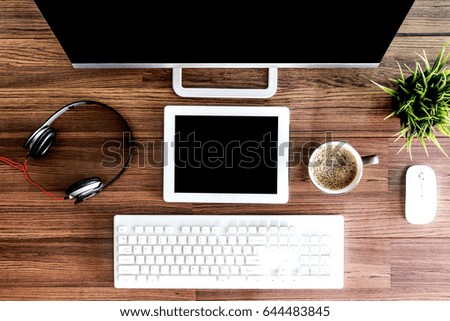 Similar – Desktop office mix on a wooden table