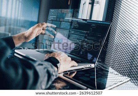 Computer technical engineering with model structure technology development or coding workflow.Business plan and backend design concepts images