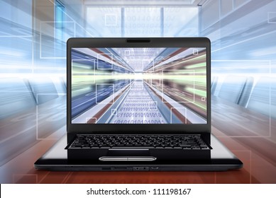 computer technology background with laptop. Digital illustration.
