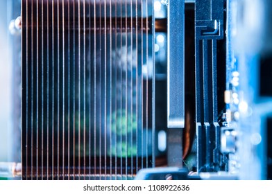 computer technology equipment, close up of circuit board and cooling system, futuristic web and internet of things concepts, modern communications, social connections, server and personal network
