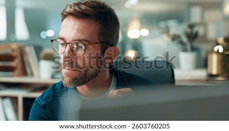 Computer, thinking and business man problem solving, creative insight and software development. Planning, reflection and serious worker with inspiration, vision and web designer in startup office