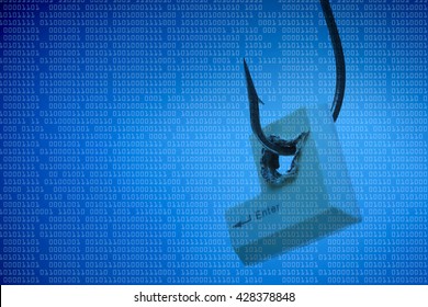 Computer threat. Vulnerability in computer system. Computer security breach. Hacking. Computer enter button in a fish hook representing computer security breach                               